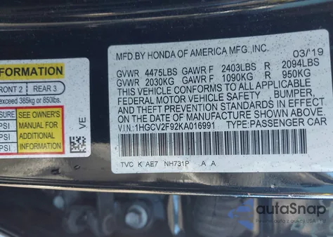 2019 Honda Accord Touring 2.0T z USA, uszkodzony, nr VIN 1HGCV2F92KA016991